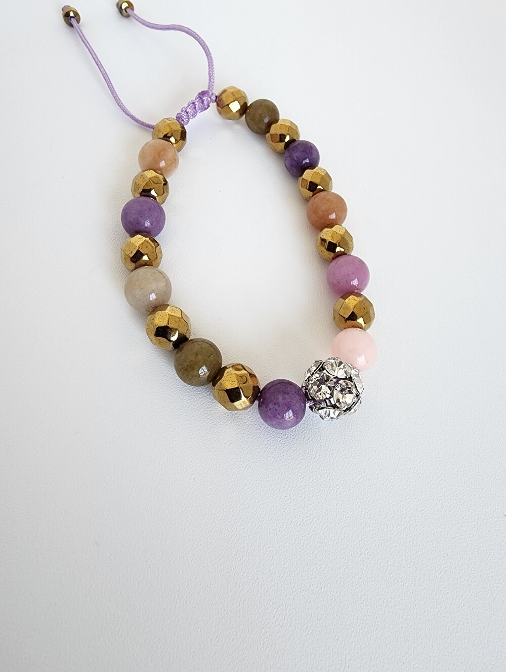 Adjustable Gemstone Beaded Bracelet Gold Tone Crystal Rhinestone Charm
